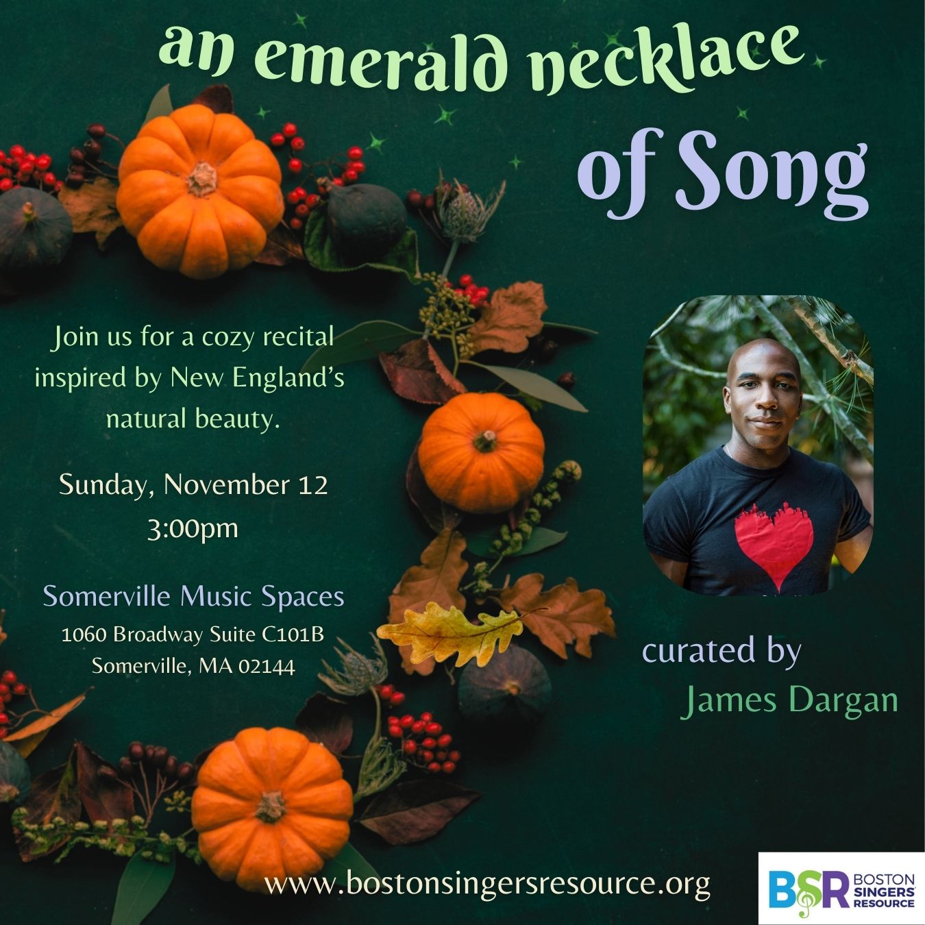 A cozy fall scene, with James Dargan's photo and information about the concert listed