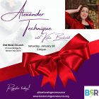 Alexander Technique with Katie Beckvold - a picture of Katie Beckvold above a bright red holiday bow and the BSR logo at the bottom