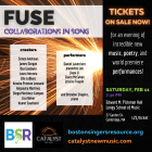 The graphic for fuse, listing the date and time as well as the performers and creators involved. In the background, sparks fly as if in a welding shop.