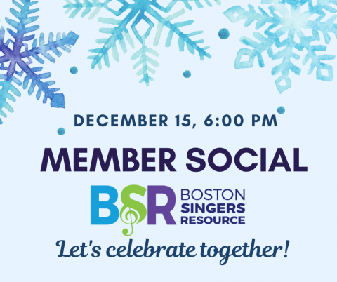 BSR Member Social image, with snowflake design, december fifteenth, six pm, Let's celebrate together!
