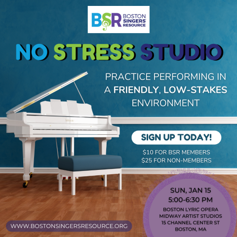 Graphic for "No-Stress Studio" with a white piano in a calm room with blue walls and a wooden floor.