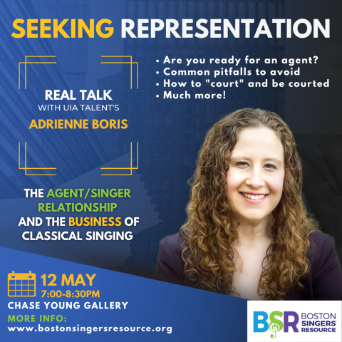 Adrienne Boris Headshot pictured next to text explaining her workshop, Seeking Representation