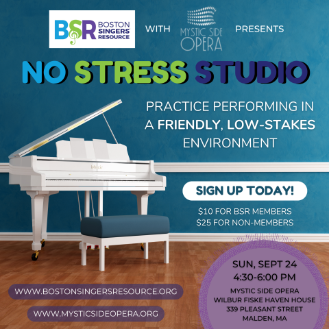 BSR No Stress Studio - a calm room with a white piano on the left side and details about the time and location of the event on the right side.