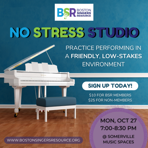 BSR No Stress Studio - a calm room with a white piano on the left side and details about the time and location of the event on the right side.